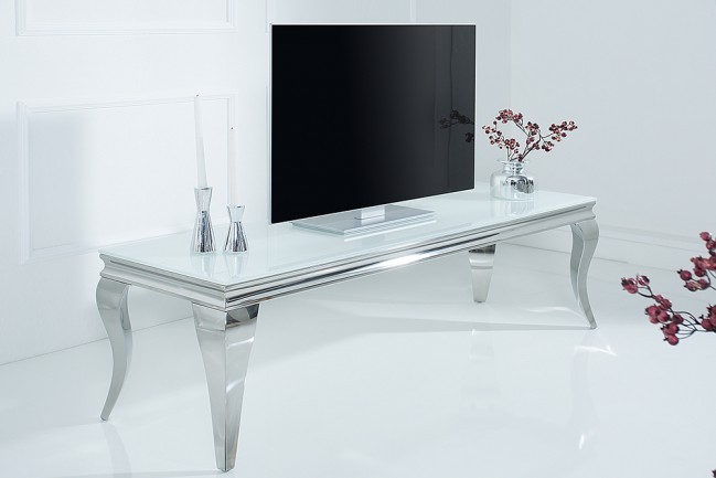 Stijlvolle TV tafel MODERN BAROCK 160cm roestvrij staal wit opaalglas