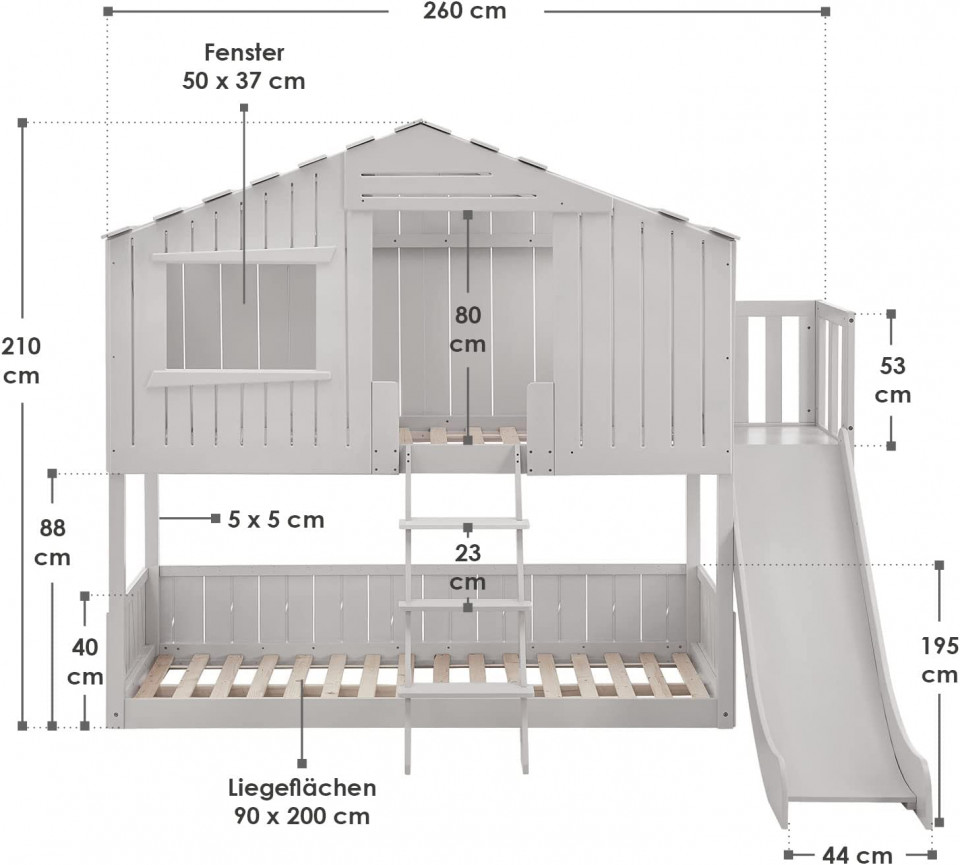 PAAC211 Pat Casuta Supraetajat Cu Tobogan 90x200 Cm Pentru 2 Copii