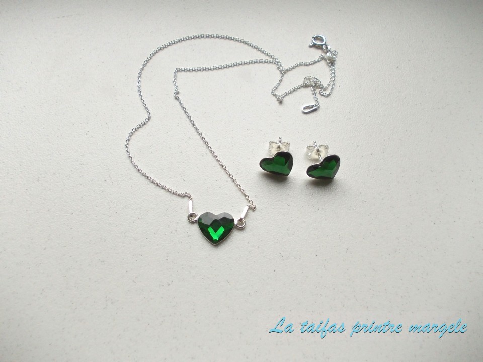 Sterling Silver Earrings And Pendant Set With Swarovski Crystals Green Heart Dark Moss - Green Heart Pendant Sterling Silver Earrings And Pendant Set With Swarovski Crystals Green Heart Dark Moss - Green Heart Pendant