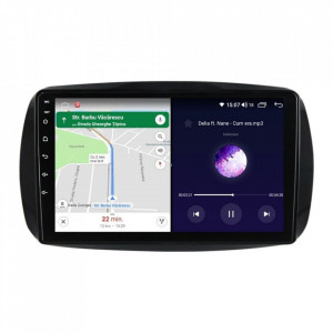 Navigatie dedicata cu Android Smart Fortwo dupa 2014, 4GB RAM, Radio GPS Dual Zone, Display HD IPS 9" Touchscreen, Internet Wi-Fi si slot SIM 4G, Bluetooth, MirrorLink, USB, Waze