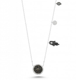 Evil Eye Black CZ Stone Hamsa Jewelry Necklace Pendant Wholesale Turkish Silver