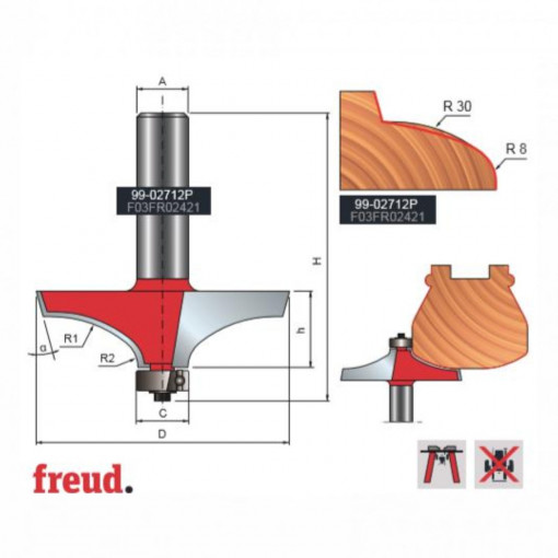 Freza cu profil concav pentru rotunjit, placata CMS Z2, cu coada si rulment copier inferior - 99-02712P - FREUD Italia