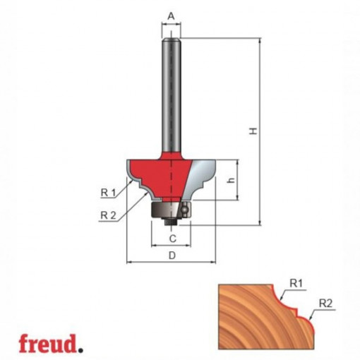 Freza profilata concav convex, cu tesire intre ele, cu rulment copier inferior, placata CMS, Z2, cu coada - 38- - FREUD Italia