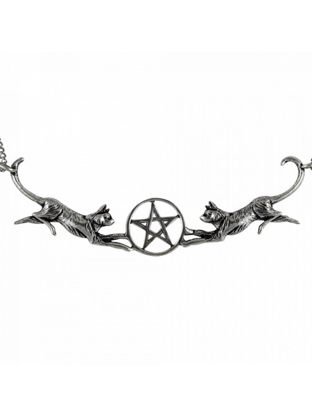 Colier Witches Familiars - Pisicute cu Pentagrama, placat cu argint, talisman pentru protectie, 7.5 cm