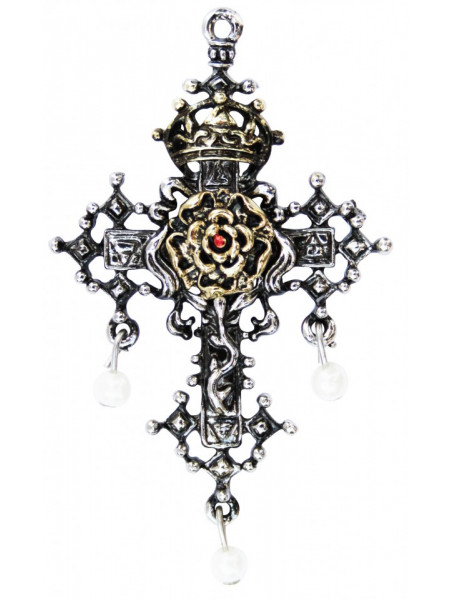 Pandantiv cu lantisor Crucea cu trandafiri, placat cu argint, talisman pentru credinta si devotiune, 5.5 cm
