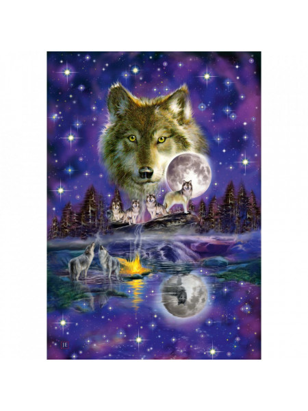 Puzzle de 1000 de piese, din carton, multicolor, ce are ca imagine lupi urland la luna, cu dimensiunile de 49,3 × 69,3 cm.