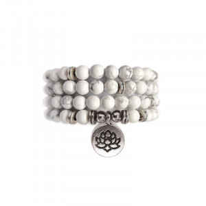 Colier / Bratara elastica din 108 sfere de Howlit si charm placat cu argint Floare de Lotus - Perlele Eternitatii