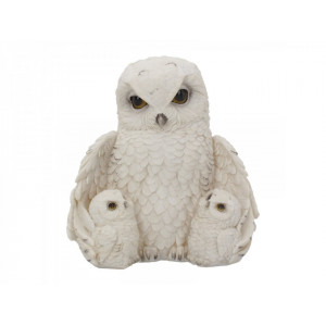 Statueta bufnita alba cu pui Familia cu pene 22 cm