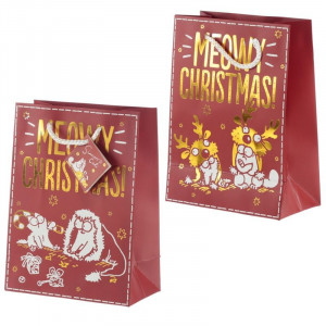 Punga cadou Craciun cu pisica Meowy Christmas Metallic - mediu