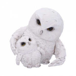 Statueta bufnita alba cu pui Familia cu pene 13.5 cm