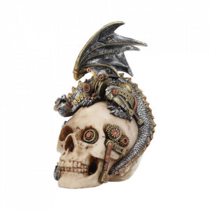 Statueta steampunk craniu cu dragon Aripi de otel 21 cm