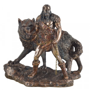 Statueta zeul nordic Tyr insotit de Fenrir 25cm