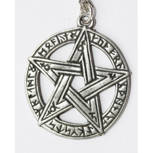 Pandantiv cu lantisor Celtic Sorcery - Pentagrama cu rune, placat cu argint, 3.1 cm