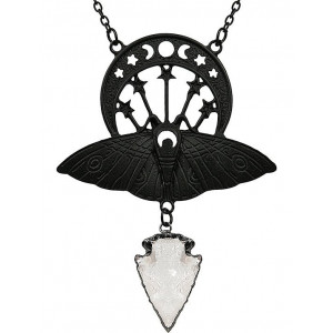 Pandantiv gotic din aliaj de zinc negru, model cu molie si simboluri geometrice cu semiluna, incorporata cu o piatra cuart alb, dimensiune de 7 cm, Restyle Polonia