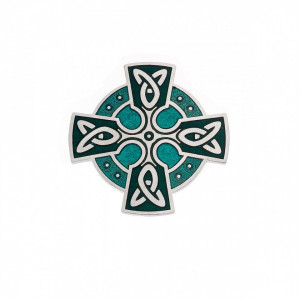 Brosa placata argint si sticla emailata Celtic Lands - Cruce Celtica cu Triquetra 35 mm
