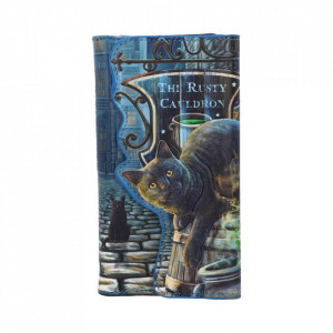 Portofel lung embosat design Lisa Parker din piele ecologica, multicolor cu predominant albastru si model cu pisica Rusty Cauldron de culoare neagra iar dimensiunea este de 19 cm.