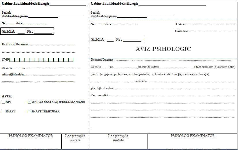 Aviz Psihologic A5 Autocopiativ -3 Exemplare