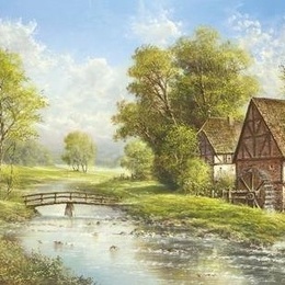 Tablou peisaj Moara pe rau inramat cu rama de lemn