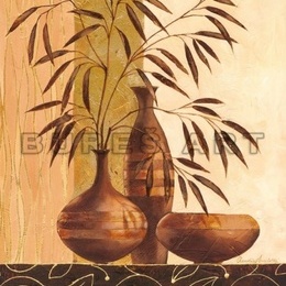 Tablou decorativ ''Natura statica cu vase si frunze'' cu foita aurie, inramat