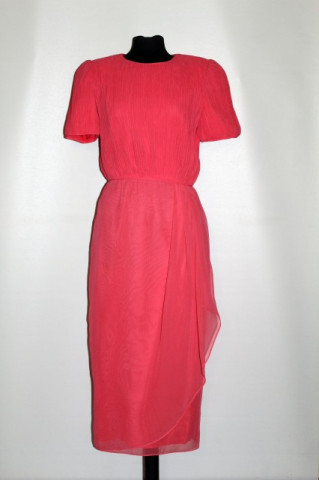 Rochie vintage de ocazie roz somon cu bust plisat marunt anii '70