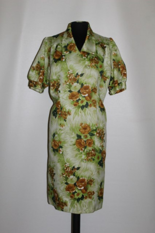 Rochie vintage flori maro pe fond verde acid anii 60