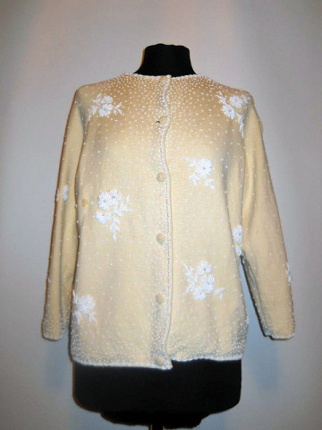 Pulover vintage ivoire broderie margele albe anii '50