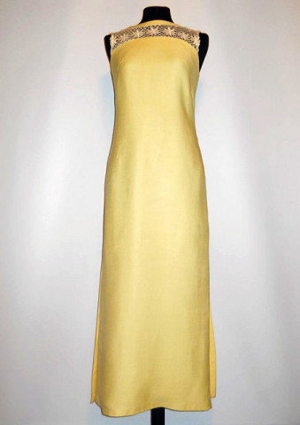 Rochie de seara cu dantela si flori aplicate galben marzipan anii '60
