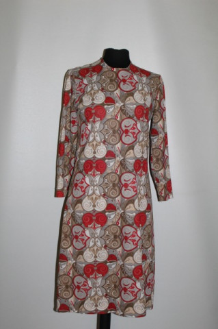 Rochie print geometric kaki si rosu anii '60