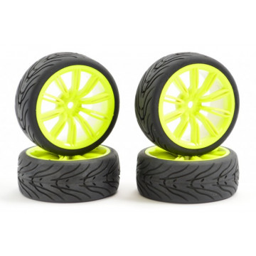 Set 4 roti pentru automodele Touring 1/10 - Anvelope profil in V, jante cu spite GunMetal