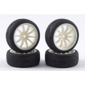 Set 4 roti pentru automodele Touring 1/10 - Anvelope profil in V, jante cu spite albe