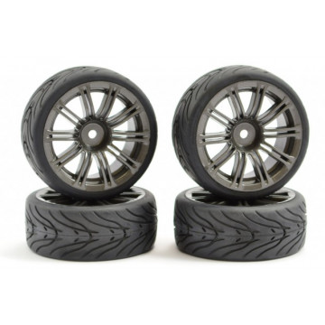 Set 4 roti pentru automodele Touring 1/10 - Anvelope profil in V, jante cu spite GunMetal