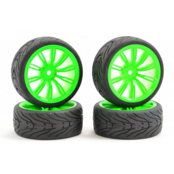 Set 4 roti pentru automodele Touring 1/10 - Cauciucuri profil in V, jante cu spite Verde Neon