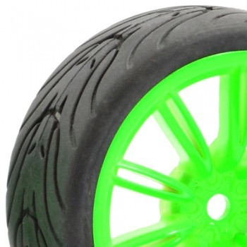 Set 4 roti pentru automodele Touring 1/10 - Anvelope profil in V, jante cu spite Verzi
