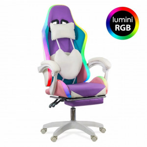 Scaun gaming de birou pentru fete, cu lumini RGB si suport picioare OFF 298 mov si roz mov