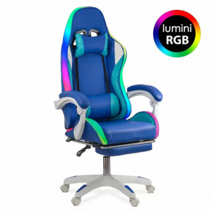Scaun gaming de birou pentru baieti, cu lumini RGB si suport picioare OFF 298 ALBASTRU