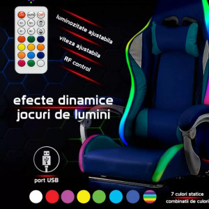 Scaun gaming de birou pentru baieti, cu lumini RGB si suport picioare OFF 298 ALBASTRU