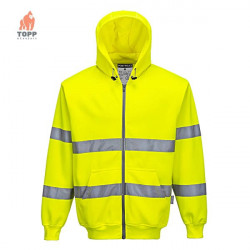 Hanorac galben fluorescent cu gluga si dungi reflectorizante