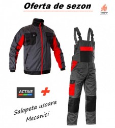 Costum salopeta cu pieptar de lucru usori Gri cu rosu