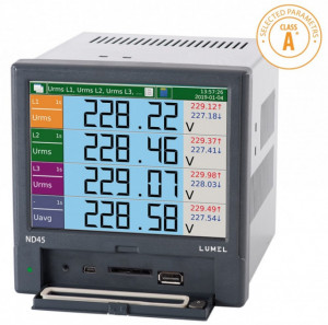 Analizor calitate energie pentru rețele trifazate LUMEL ND45, armonice și interarmonice până la rangul 51, echipare opțională cu I/O, slot card de memorie, MODBUS, Ethernet, Server Web