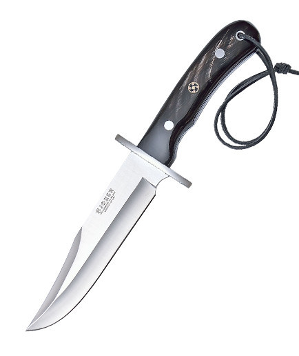 CUTIT DE VANATOARE JOKER CF 96-3 cu maner din corn de cerb negru si tais de 16 cm in husa piele maro