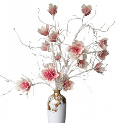 Floare decorativa artificiala ,creanga magnolie flori roz pudrat H90cm