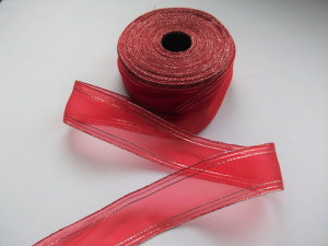 Panglica organza 40 mm rosu cu argintiu
