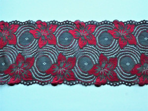 Dantela elastica neagra cu flori rosii 18cm, cod303