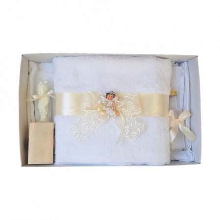 Set dantela trusou botez, cutie trusou si lumanare, Ingeras, decor ivoire, Denikos® 479