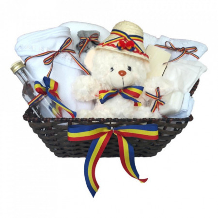 Cos cadou trusou botez, Ursulet, model traditional tricolor, 12 piese, Denikos® 648
