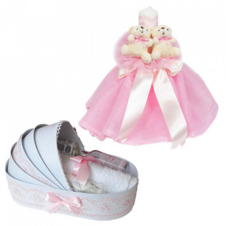 Lumanare botez rochita, cu ursuleti si trusou botez in landou, decor Roz, Denikos® 599