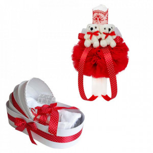 Lumanare botez glob cu ursuleti si trusou botez in landou, decor Rosu, Denikos® 591
