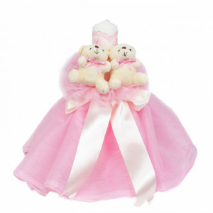 Lumanare botez rochita, cu ursuleti si trusou botez in landou, decor Roz, Denikos® 599