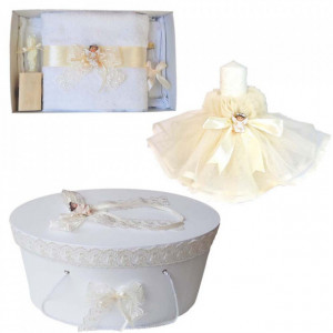 Set dantela trusou botez, cutie trusou si lumanare, Ingeras, decor ivoire, Denikos® 479