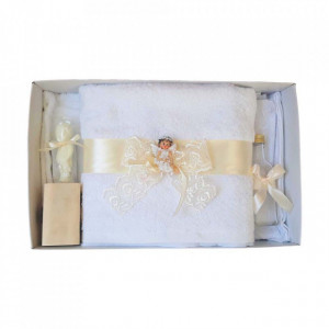 Set dantela trusou botez, cutie trusou si lumanare, Ingeras, decor ivoire, Denikos® 479